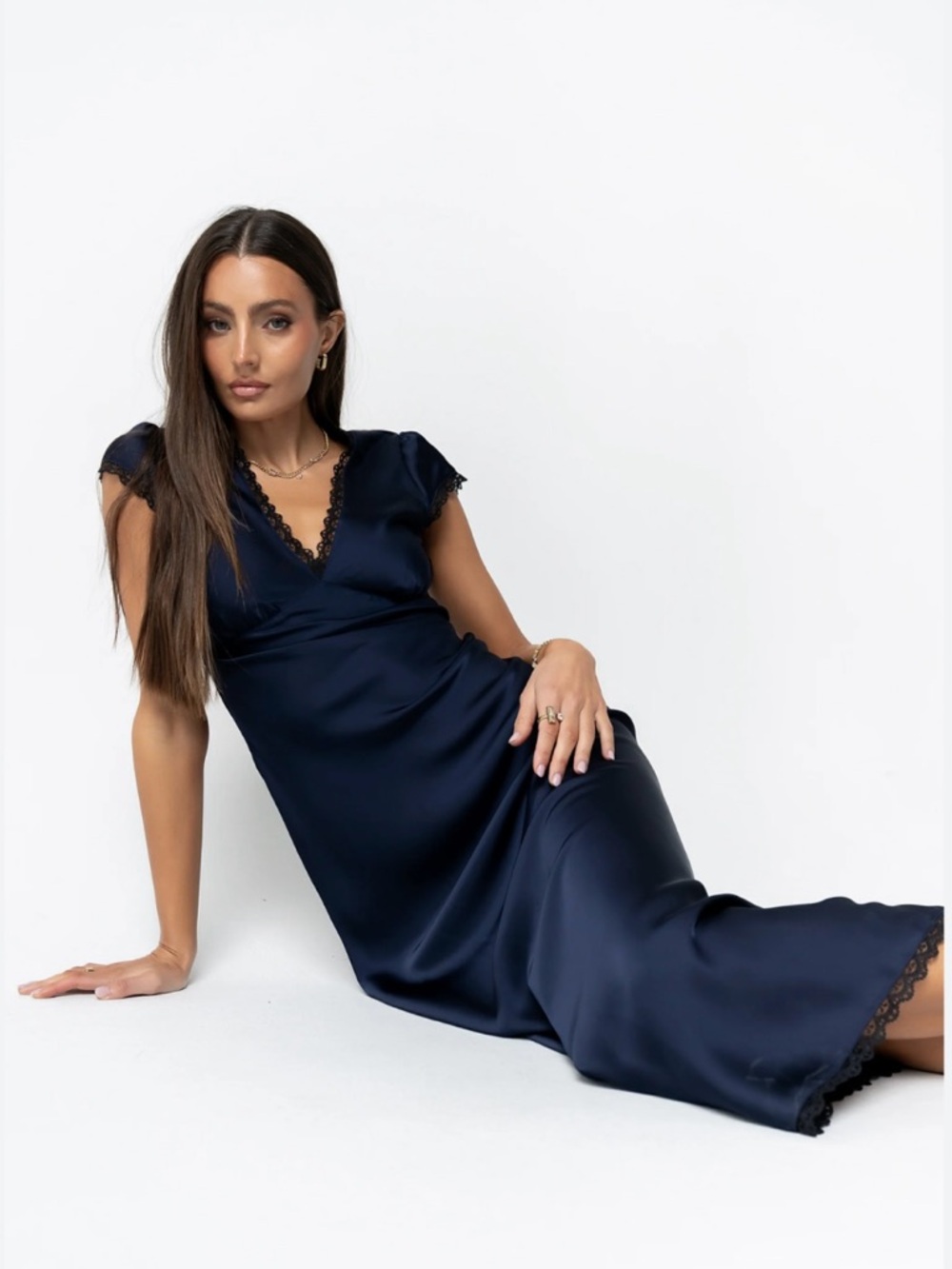 NWT bohme Wrenna Satin Maxi Dress Navy Lace-Trim Maxi Dress, Size M - Picture 3 of 15